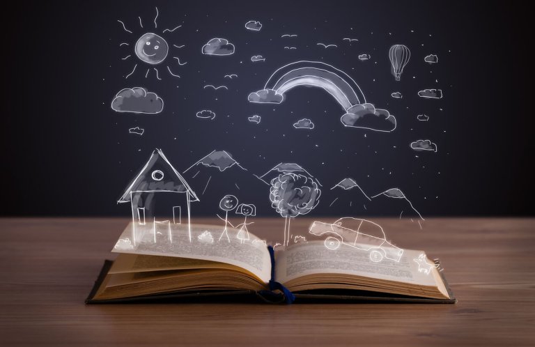 a parenting book with family illustrations coming out of the book